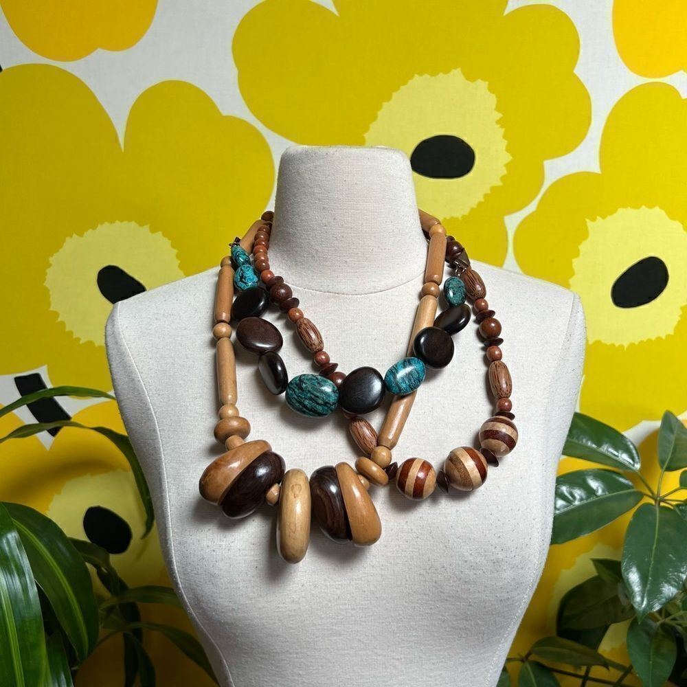 3 Piece Lot Vintage Boho Neutral Wood and Stones Chunky Statement Necklaces